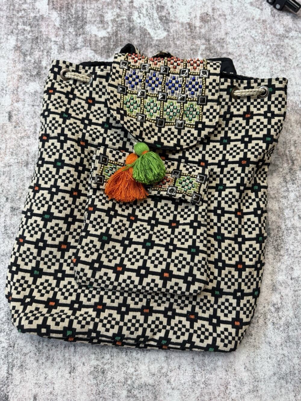 Jean Louis Scherrer Woven Tapestry Tribal Backpack Beaded BOHO FESTIVAL Tassels